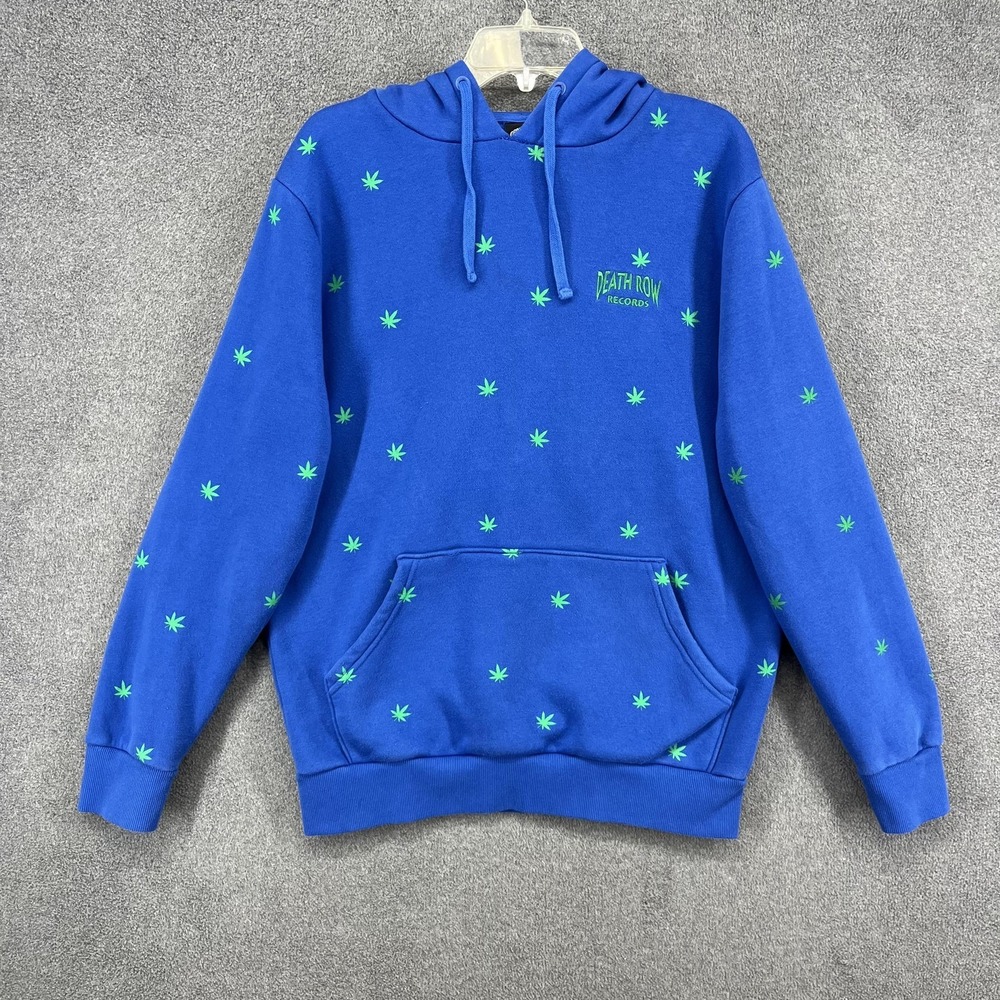 Death Row Records Hoodie Mens Medium Blue Green Marijuana Leaf Pullover Graphic